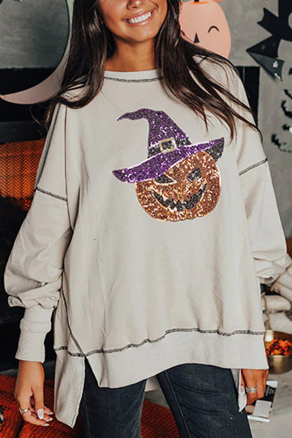 Amicia | Women's Longline Sequin Pumpkin Sweatshirt with Round Neck - image 7