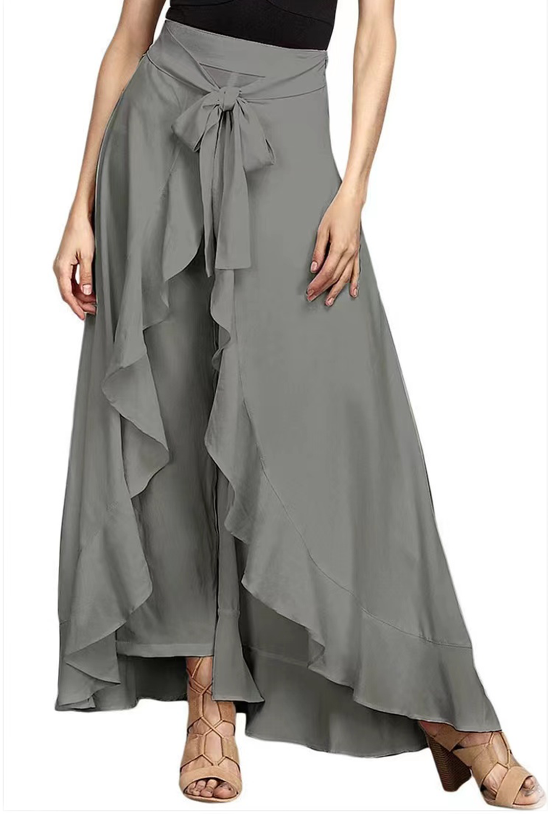 Fiorella | Women's Elegant Grey Waist Spliced Ruffle Hem Straight Leg Skirt