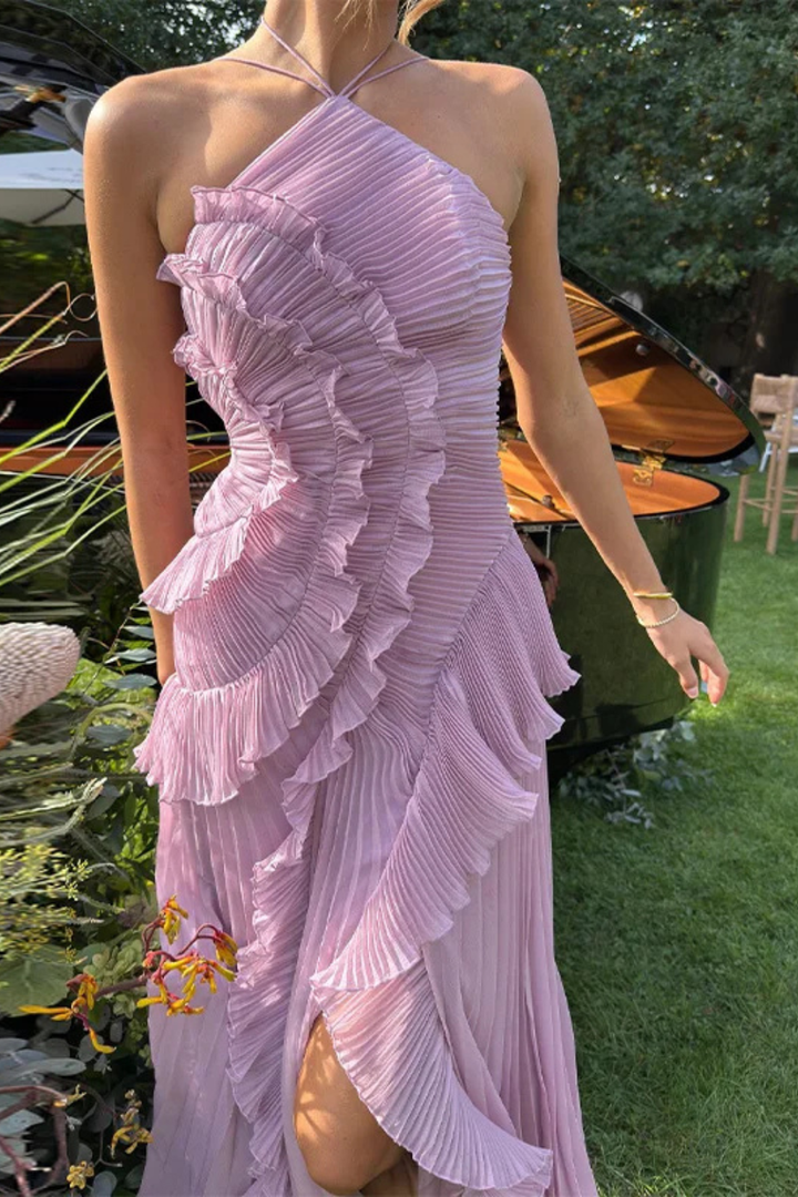 Briony | Women's Sleeveless Halter Backless Ruffled Maxi Summer Wedding Guest Dress