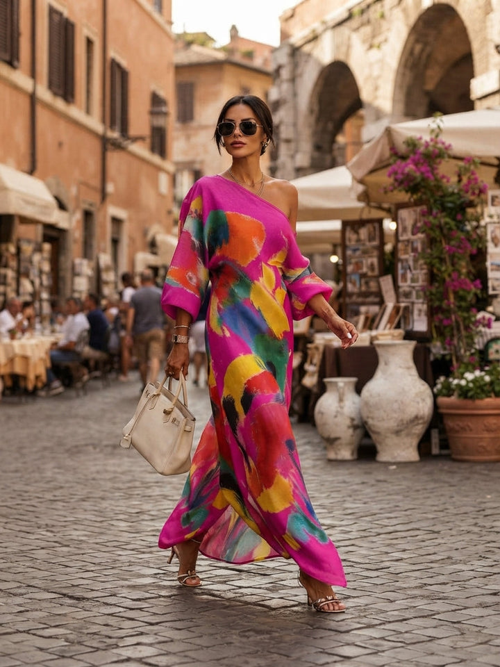 Nives women's off-shoulder printed maxi dress with short sleeves
