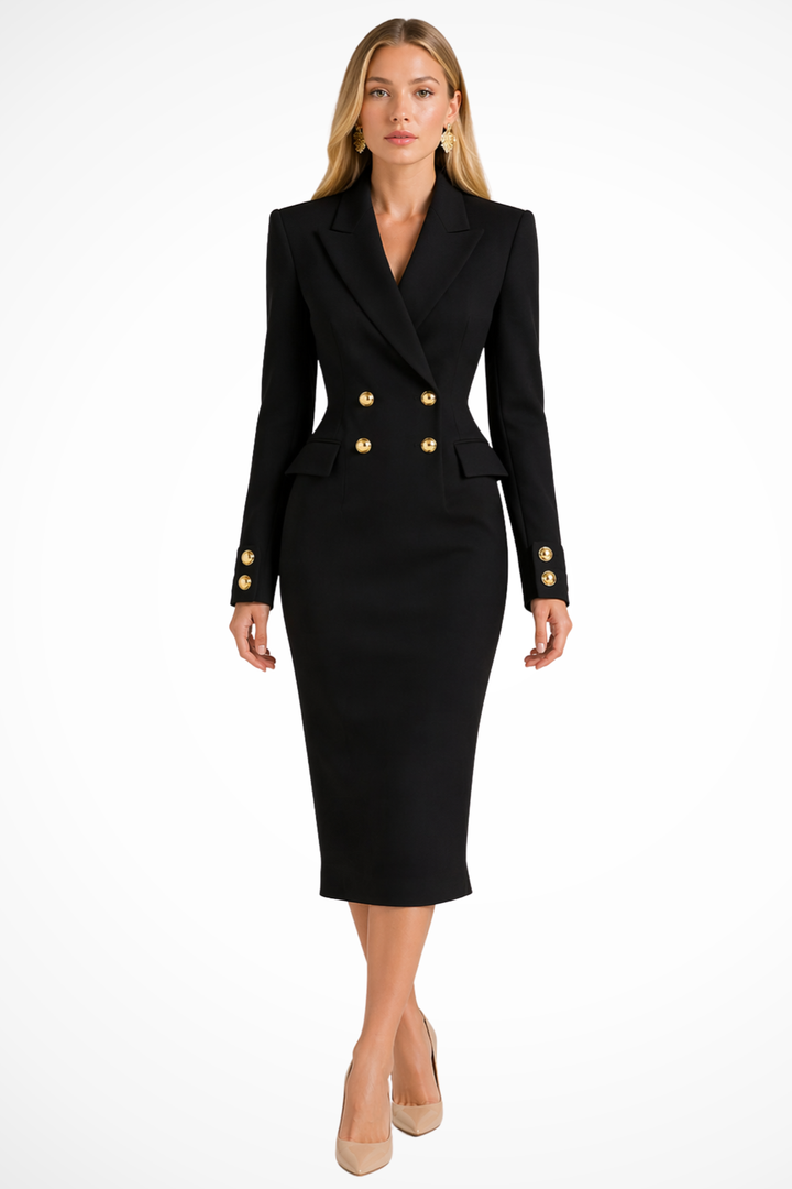 Araminta | Women's Double Breasted Blazer Midi Dress with Gold Buttons