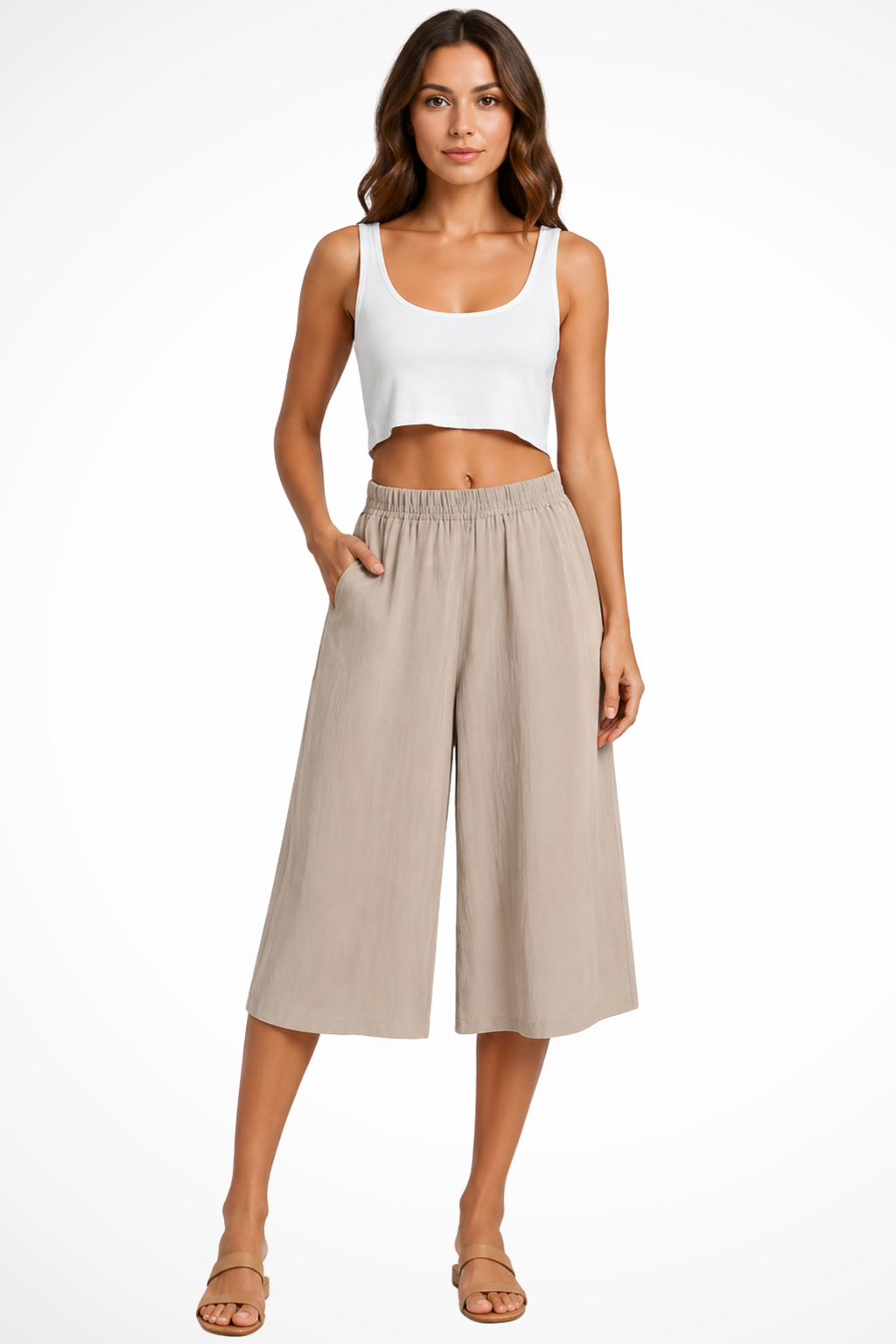 Wrenley | Women's High Waist Elasticated Wide Leg Cropped Trousers with Pockets