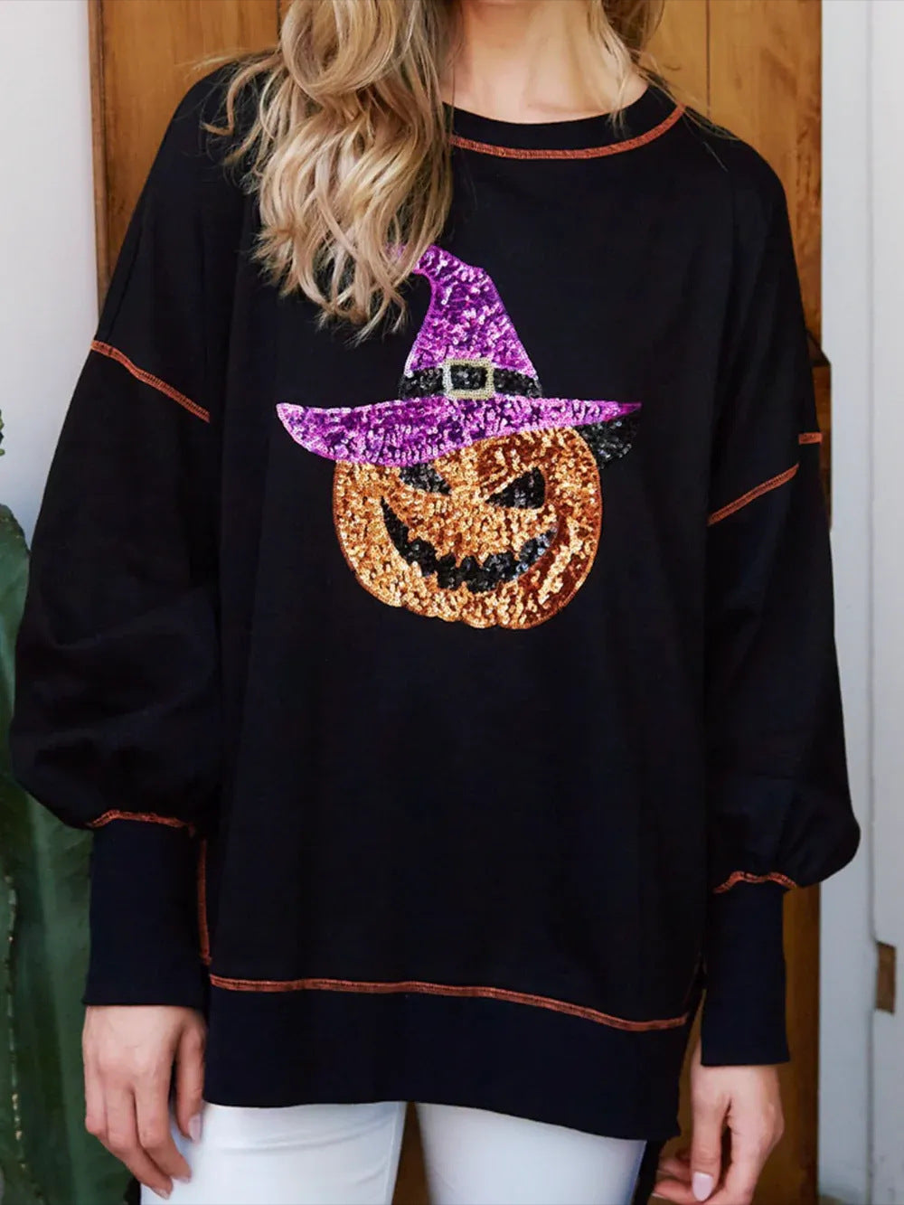 Amicia | Women's Longline Sequin Pumpkin Sweatshirt with Round Neck - image 5