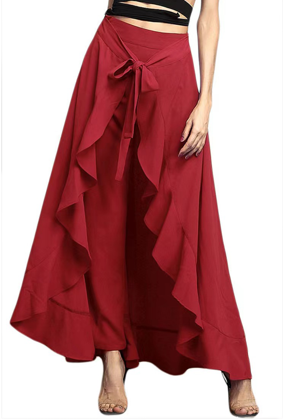 Fiorella | Women's Elegant Grey Waist Spliced Ruffle Hem Straight Leg Skirt