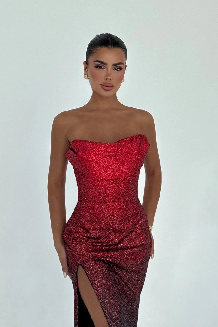 Merewen | Women's Strapless Sequin Maxi Dress with Leg Slit