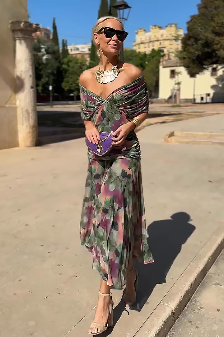 Claribel | Women's Pleated Floral Maxi Dress with V-Neck and Short Sleeves - image 1