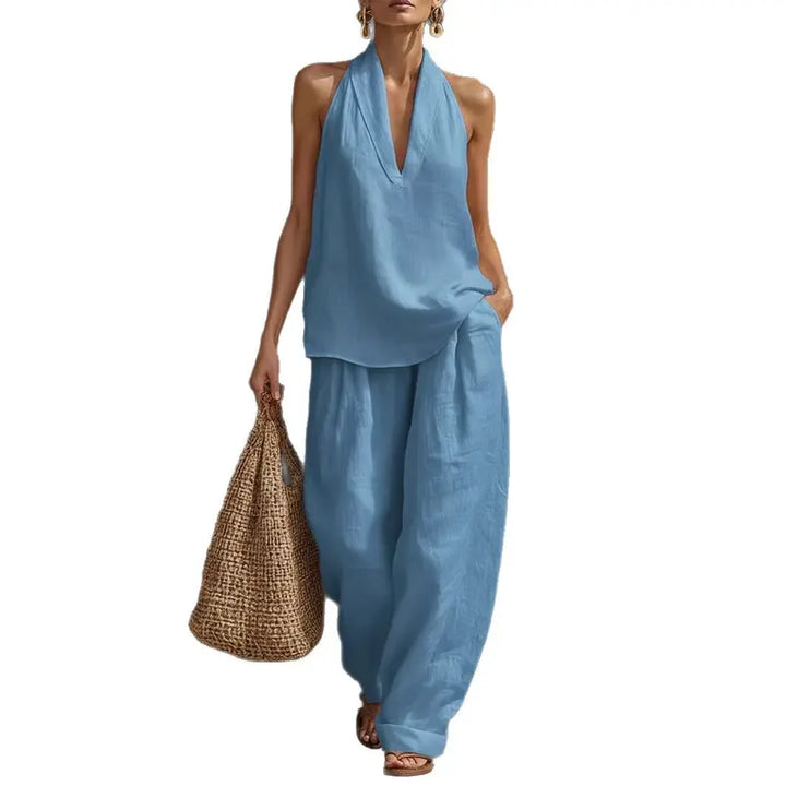 Elodie | Women's Bohemian-Style Linen Two-Piece Set—Strapless Tank Top and Wide-Leg Pants