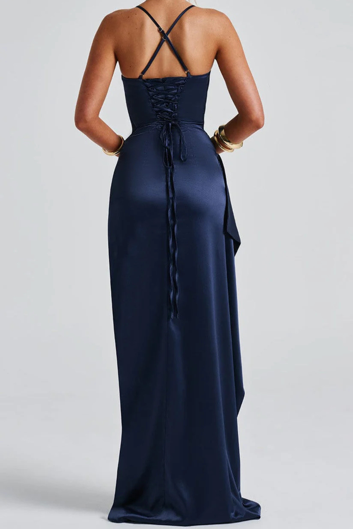 Avelisse | Women's Spaghetti Strap Ruched Maxi High Slit Occasion Dress