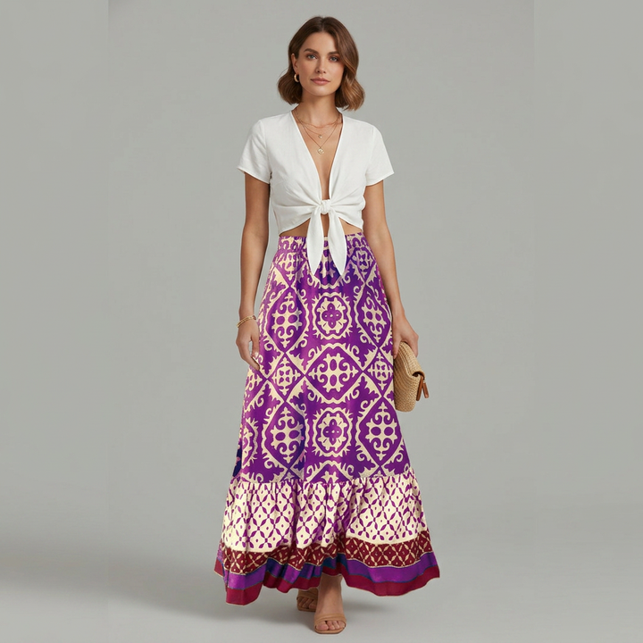 Georgette | Women's Printed Maxi Skirt with Elastic Waist and Tiered Design