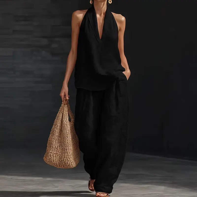 Elodie | Women's Bohemian-Style Linen Two-Piece Set—Strapless Tank Top and Wide-Leg Pants