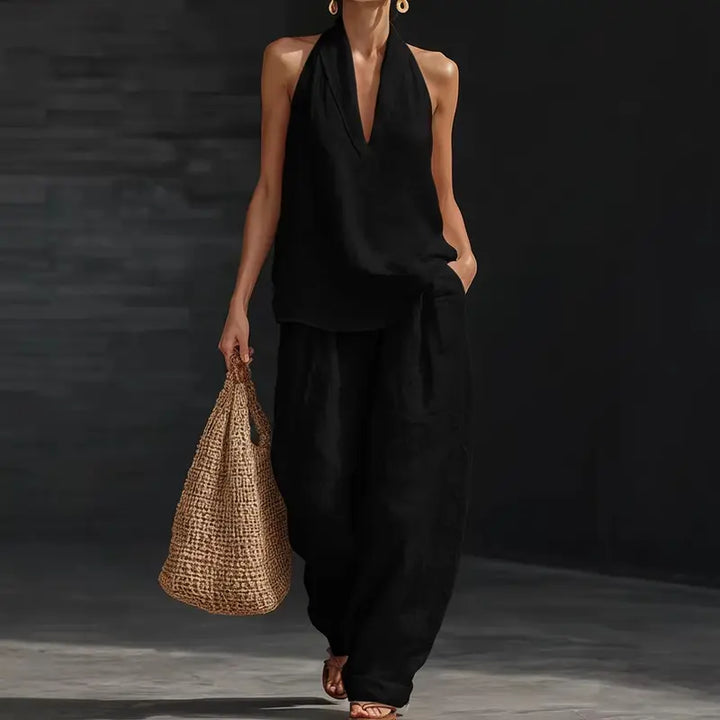 Elodie | Women's Bohemian-Style Linen Two-Piece Set—Strapless Tank Top and Wide-Leg Pants