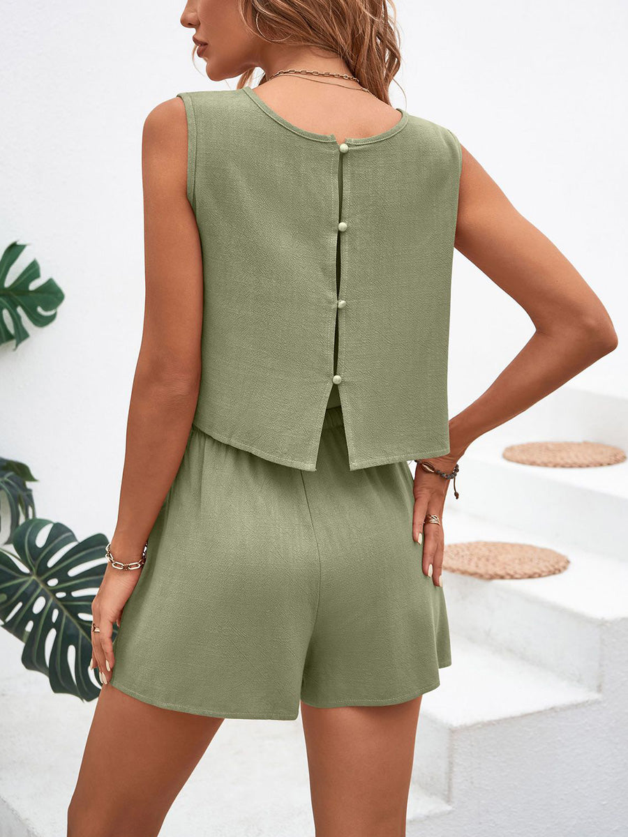 Tabitha | Women's Loose Sleeveless Buttoned Drawstring Elasticity Pockets Solid Color Round-Neck Shorts Bottoms + Set