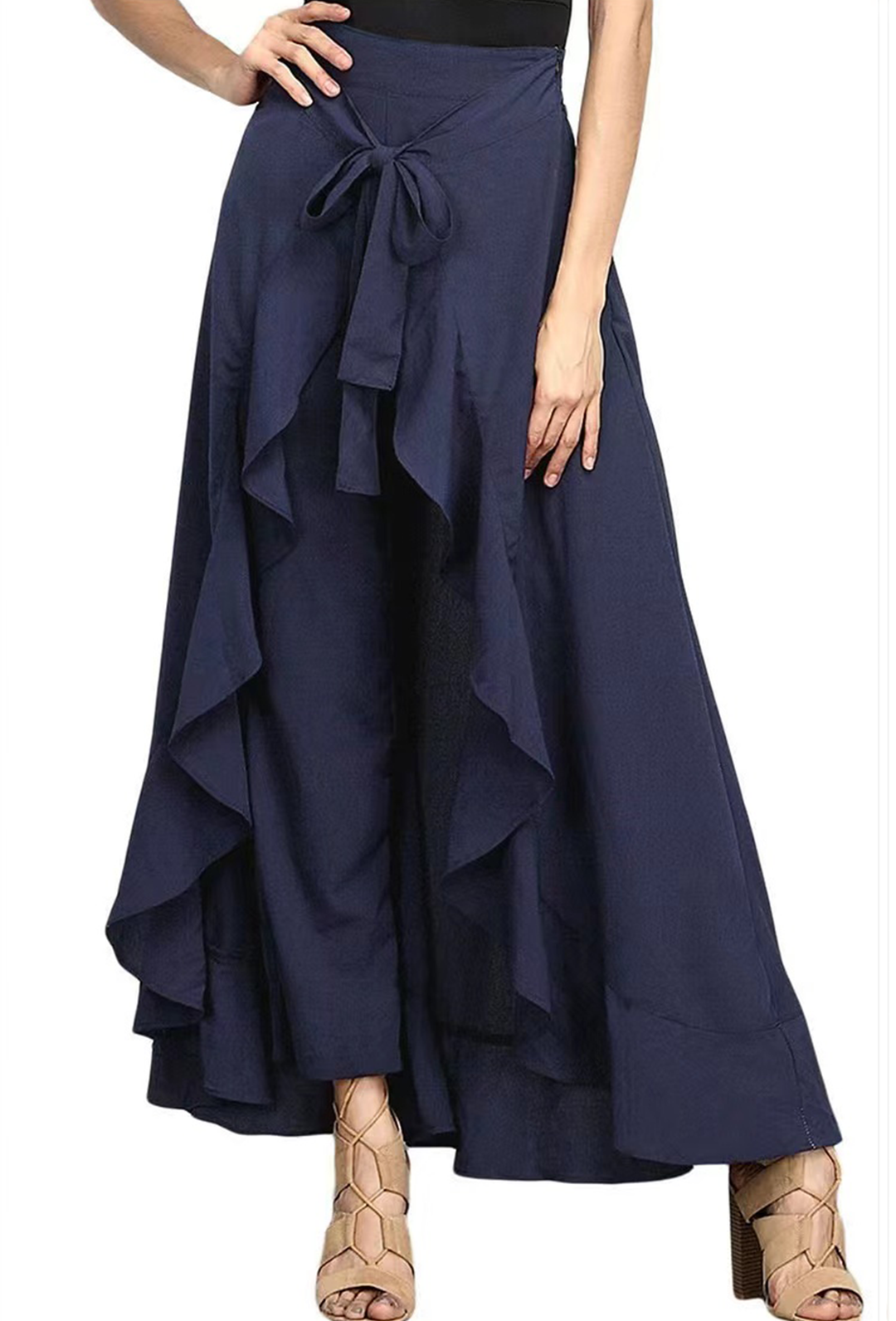 Fiorella | Women's Elegant Grey Waist Spliced Ruffle Hem Straight Leg Skirt