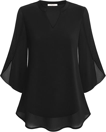 Paloma | Women's V-Neck 3/4 Sleeve Chiffon Blouse with Loose Layered Fit