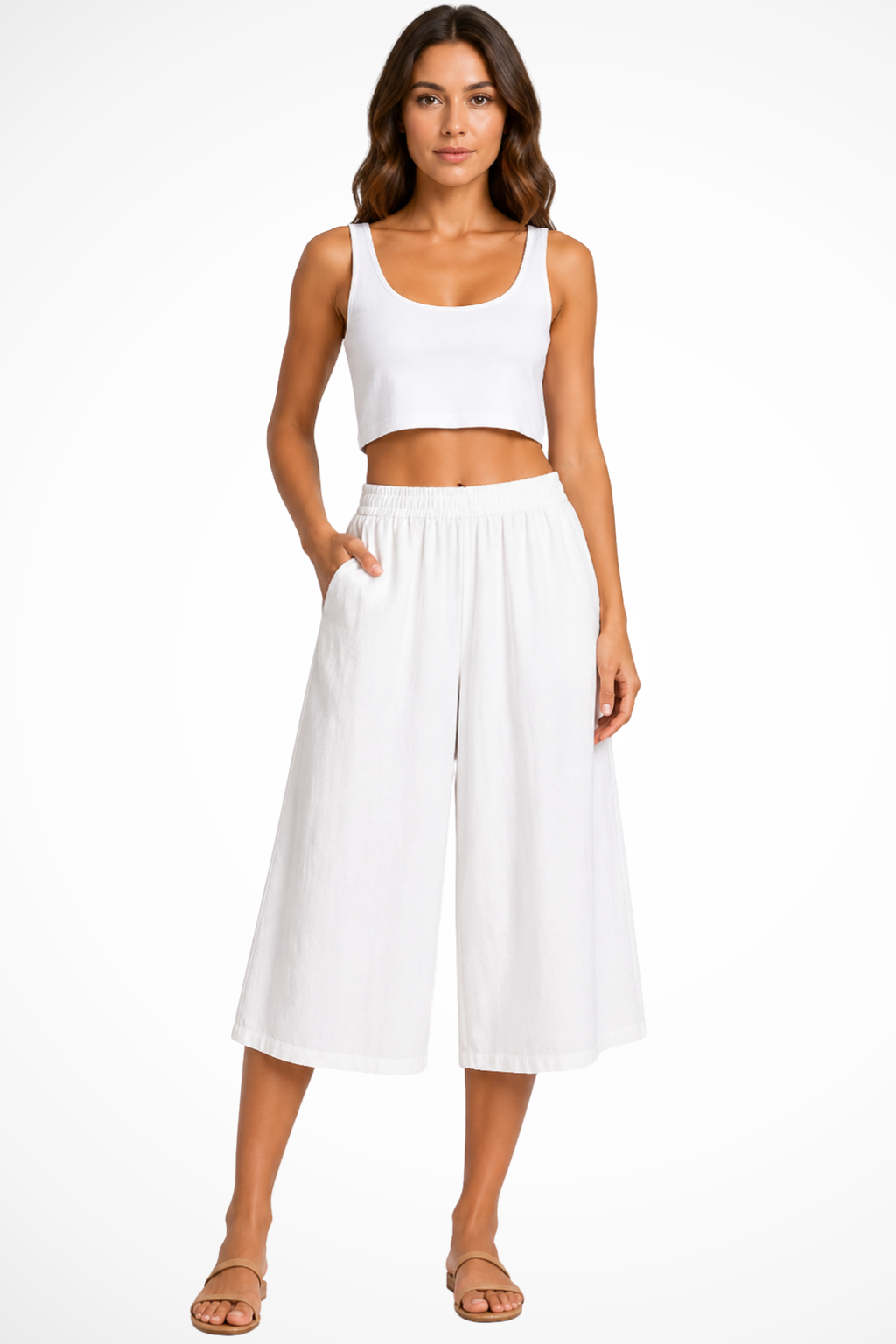 Wrenley | Women's High Waist Elasticated Wide Leg Cropped Trousers with Pockets