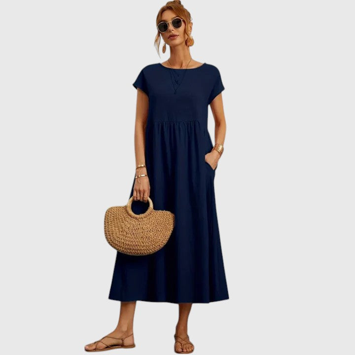 Veronique | Women's A-Line Midi Dress with Round Neck and Short Sleeves - image 1