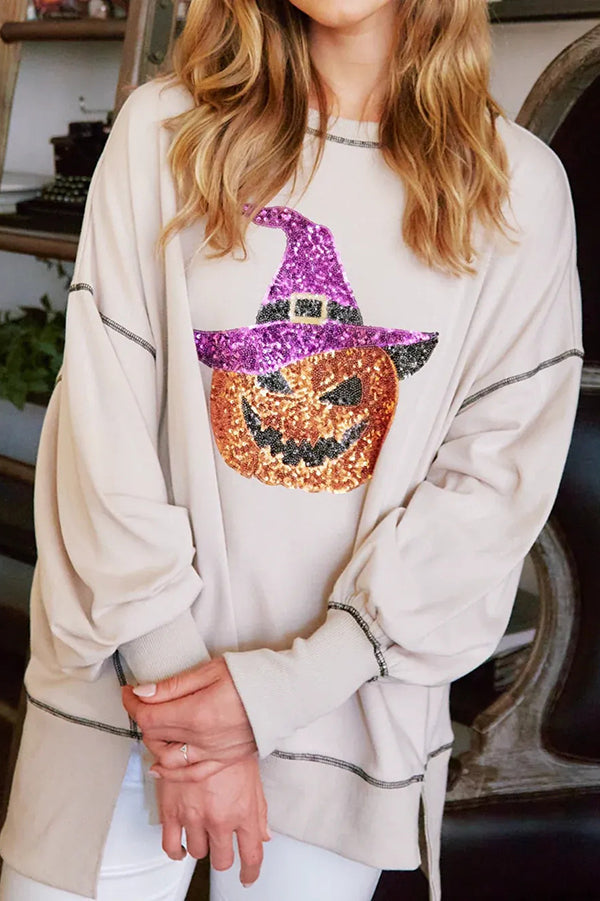 Amicia | Women's Longline Sequin Pumpkin Sweatshirt with Round Neck - image 2