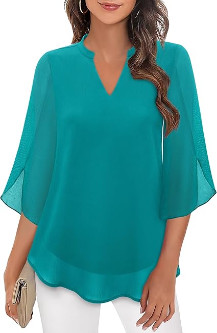 Paloma | Women's V-Neck 3/4 Sleeve Chiffon Blouse with Loose Layered Fit