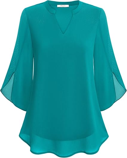 Paloma | Women's V-Neck 3/4 Sleeve Chiffon Blouse with Loose Layered Fit