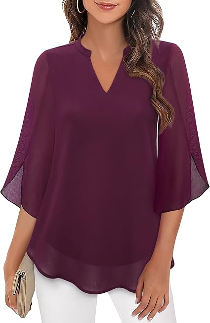 Paloma | Women's V-Neck 3/4 Sleeve Chiffon Blouse with Loose Layered Fit