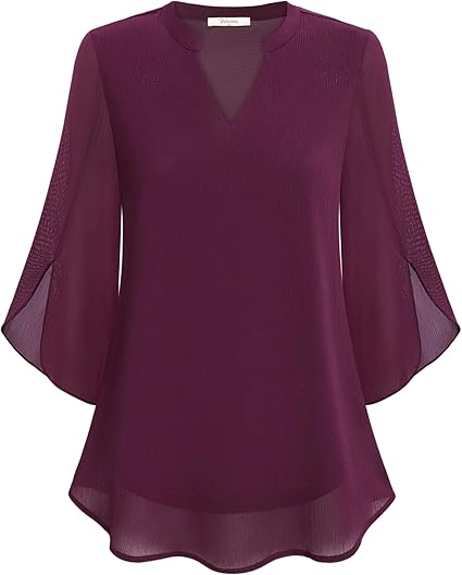Paloma | Women's V-Neck 3/4 Sleeve Chiffon Blouse with Loose Layered Fit