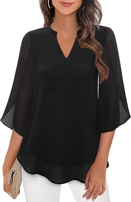Paloma | Women's V-Neck 3/4 Sleeve Chiffon Blouse with Loose Layered Fit