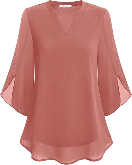 Paloma | Women's V-Neck 3/4 Sleeve Chiffon Blouse with Loose Layered Fit