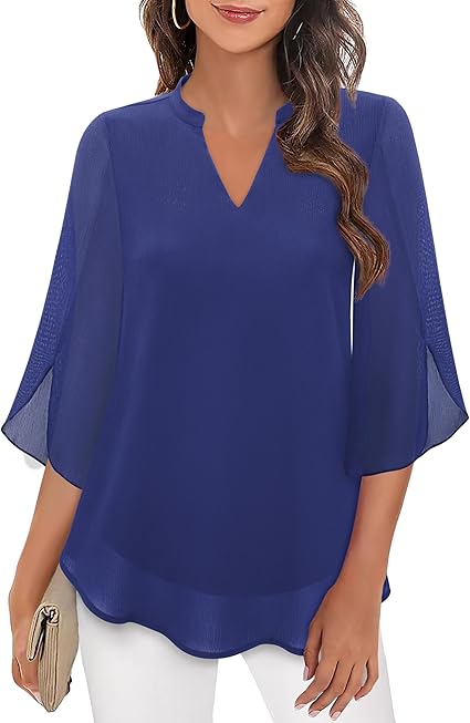 Paloma | Women's V-Neck 3/4 Sleeve Chiffon Blouse with Loose Layered Fit