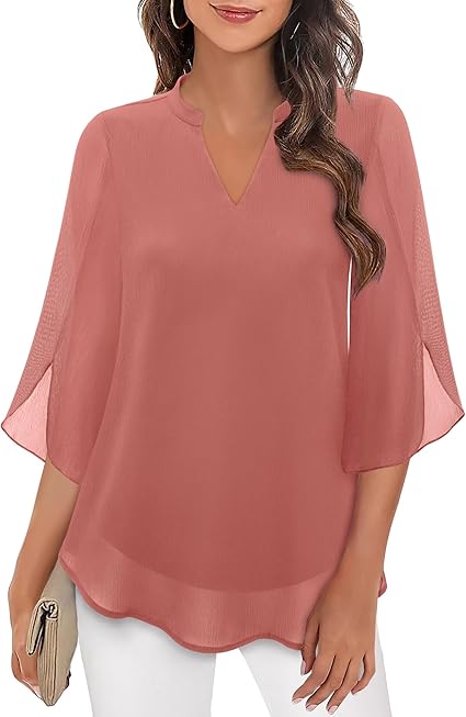 Paloma | Women's V-Neck 3/4 Sleeve Chiffon Blouse with Loose Layered Fit