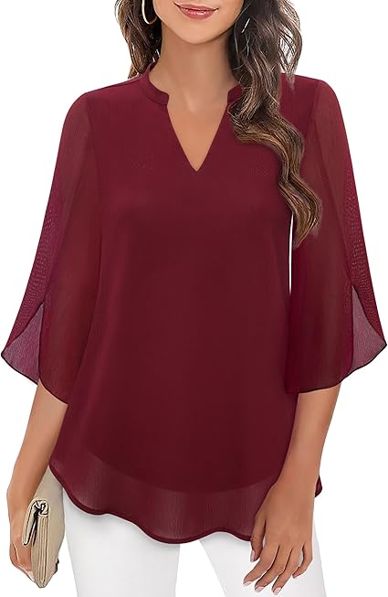 Paloma | Women's V-Neck 3/4 Sleeve Chiffon Blouse with Loose Layered Fit
