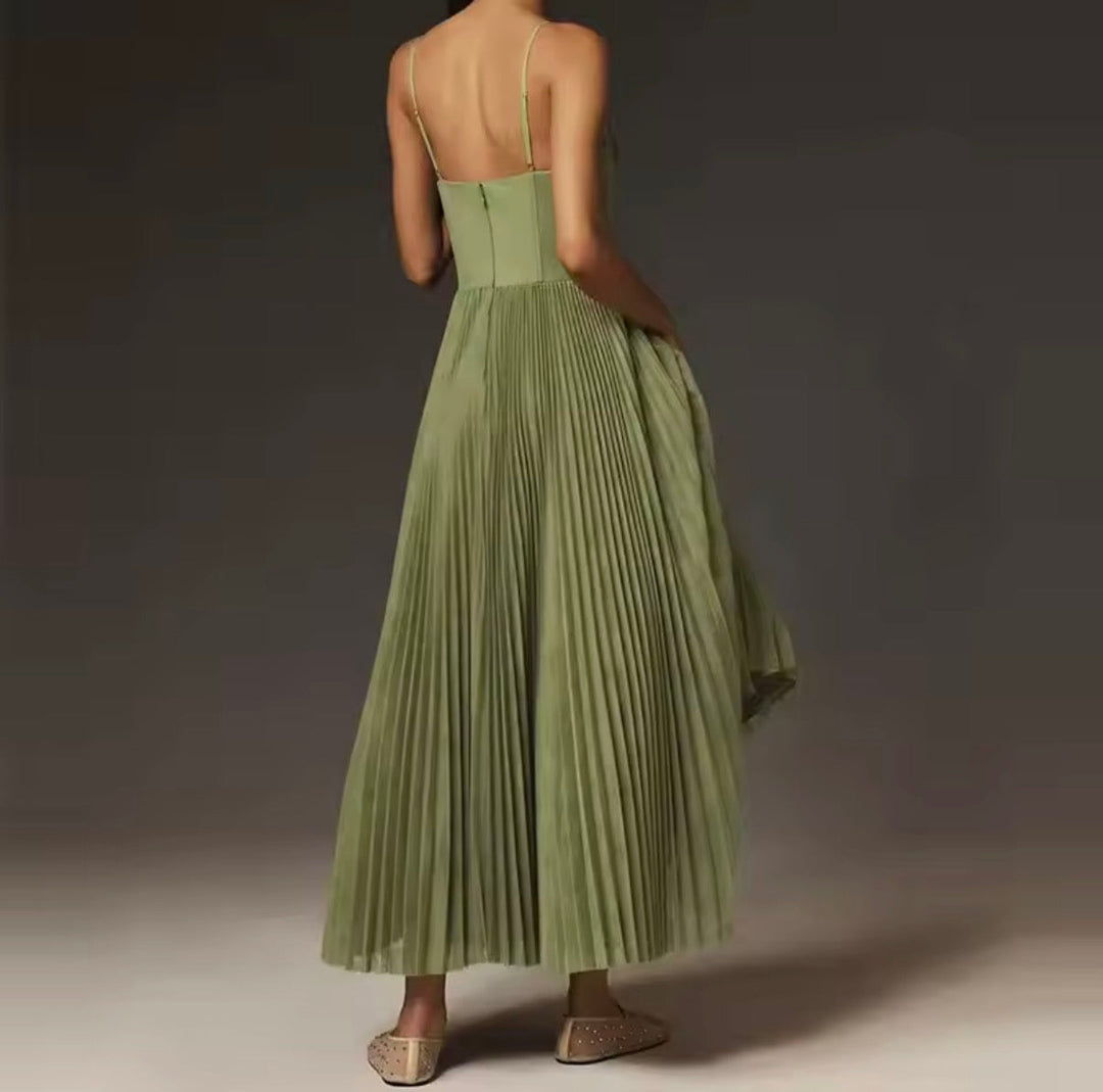 Delia | Women's Olive Pleated Corset Maxi Dress