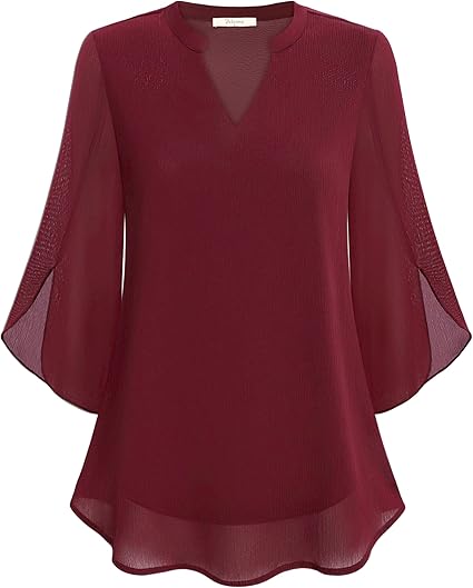 Paloma | Women's V-Neck 3/4 Sleeve Chiffon Blouse with Loose Layered Fit