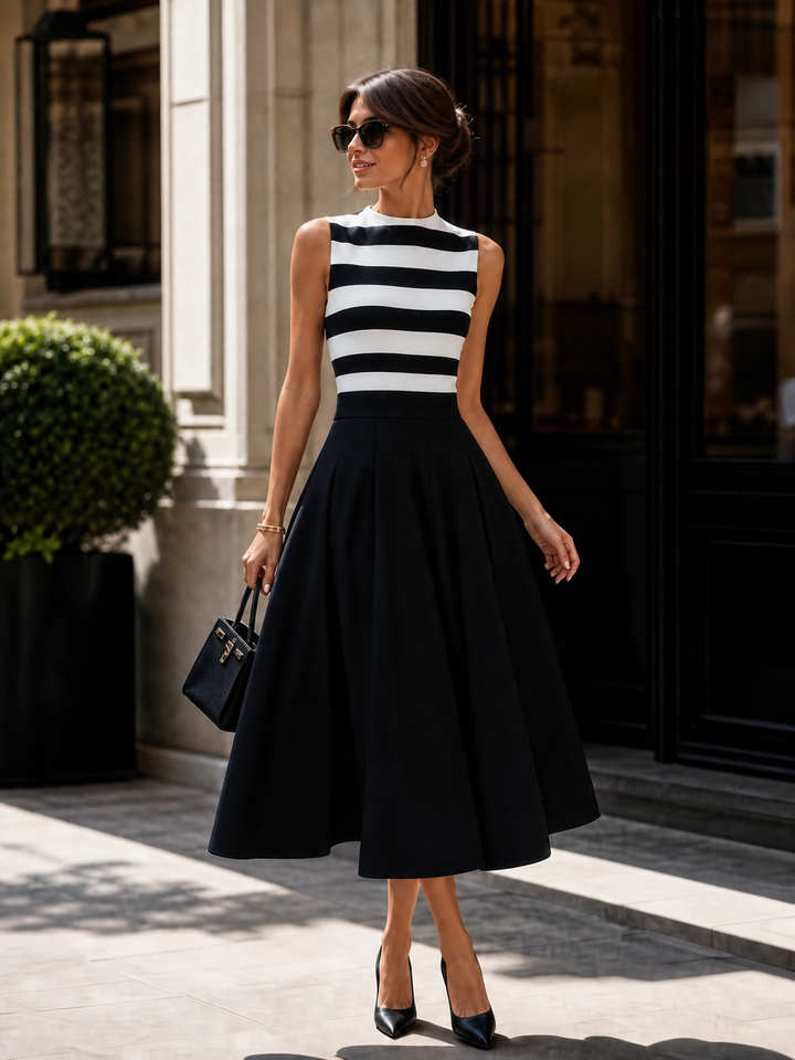 Rosemary | Women's Chic Striped Sleeveless A‑Line Midi Dress With Pockets