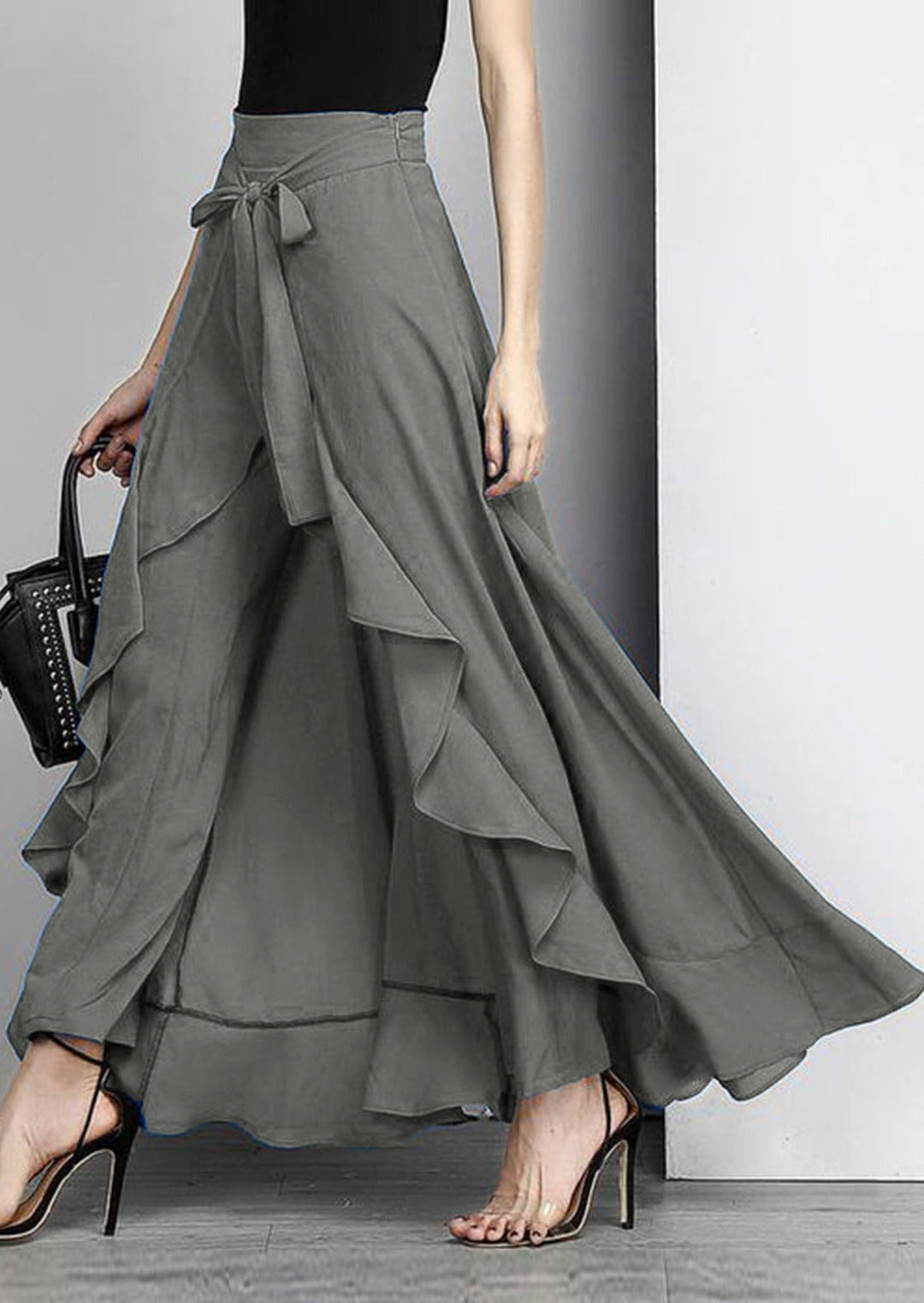 Fiorella | Women's Elegant Grey Waist Spliced Ruffle Hem Straight Leg Skirt