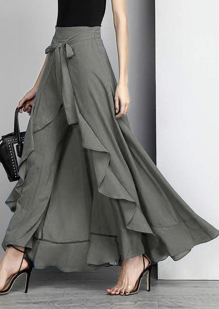 Fiorella | Women's Elegant Grey Waist Spliced Ruffle Hem Straight Leg Skirt
