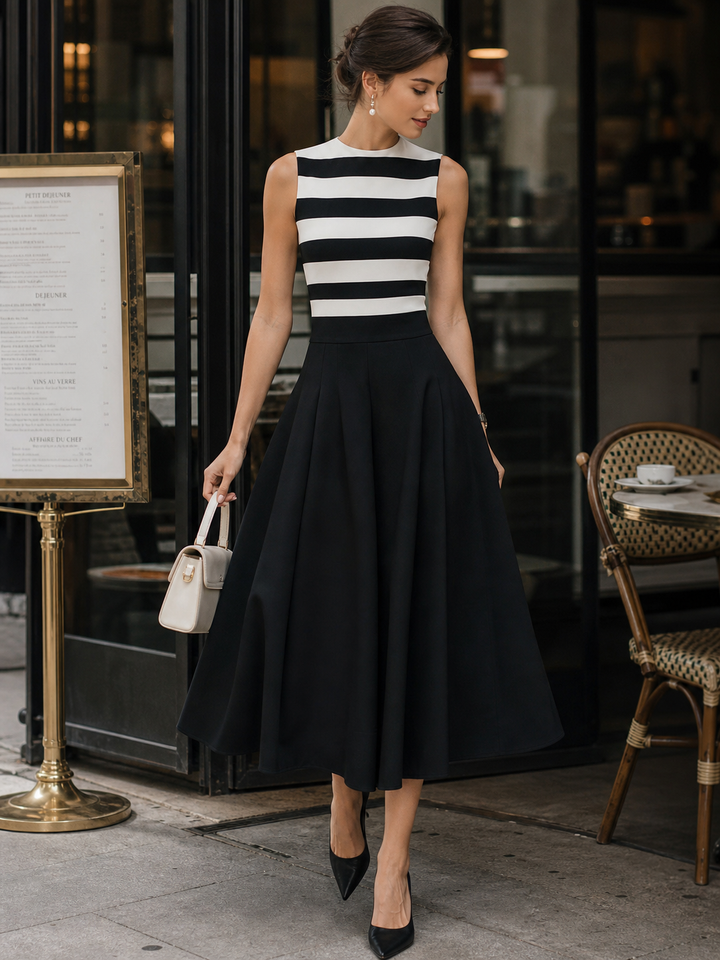 Rosemary | Women's Chic Striped Sleeveless A‑Line Midi Dress With Pockets