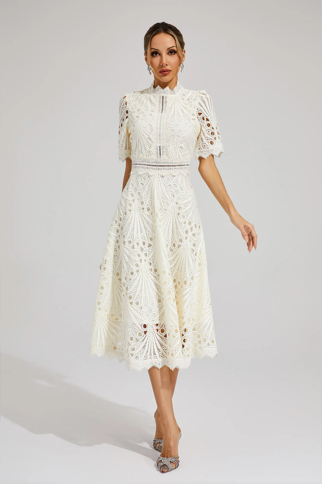 Ermina | Women's Lace Midi Dress with High Neck, Short Sleeves and Flared Skirt - image 1