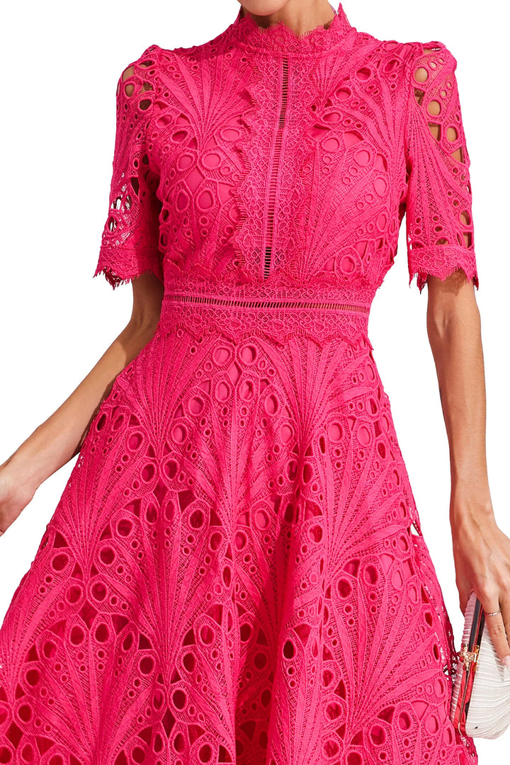 Ermina | Women's Lace Midi Dress with High Neck, Short Sleeves and Flared Skirt - image 9