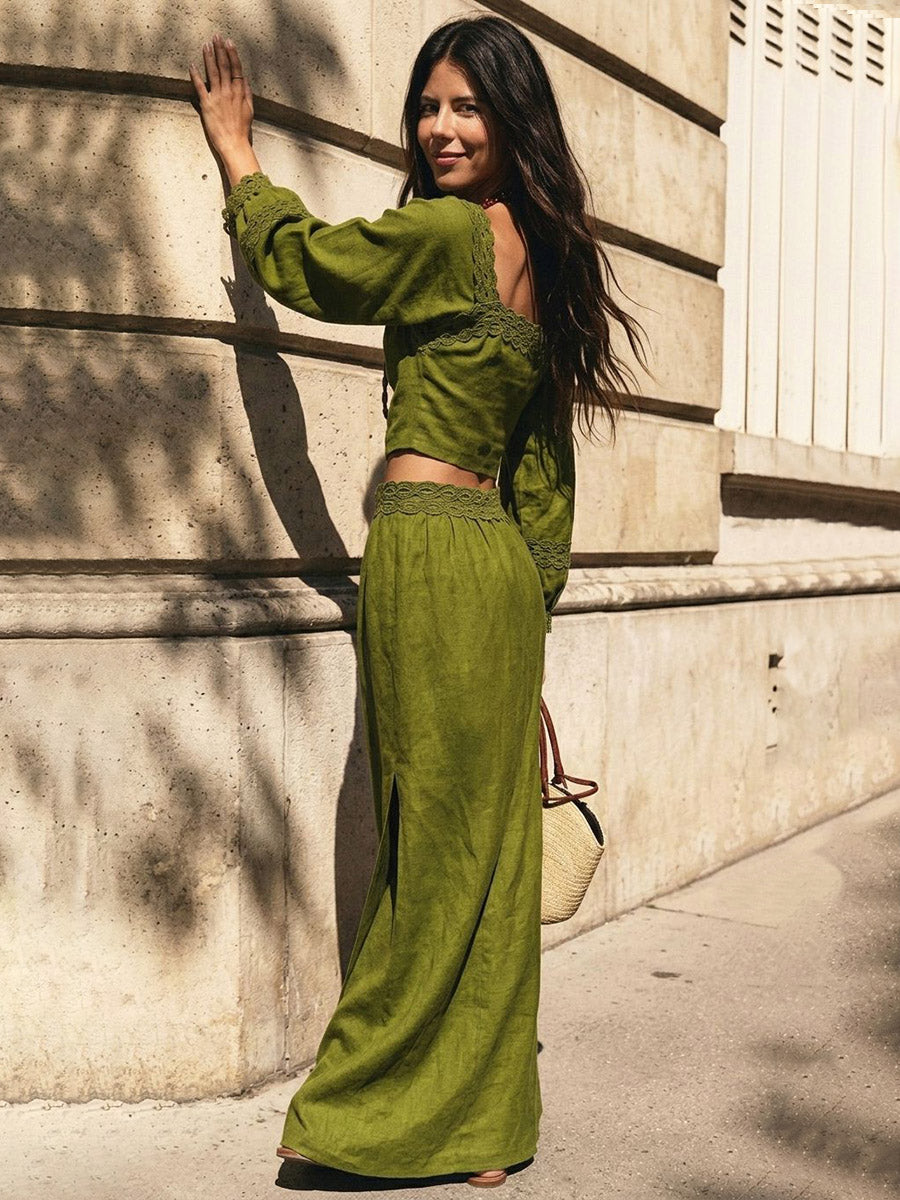 Ursula | Women's side Solid Color Backless Long Sleeves High Waisted Square-neck Two Pieces Set