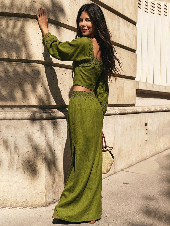 Ursula | Women's side Solid Color Backless Long Sleeves High Waisted Square-neck Two Pieces Set