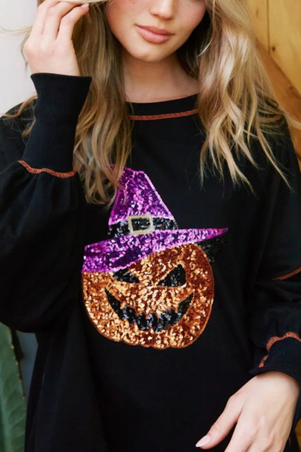 Amicia | Women's Longline Sequin Pumpkin Sweatshirt with Round Neck - image 3