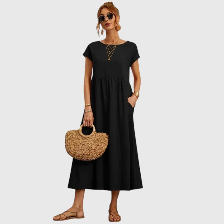 Veronique | Women's A-Line Midi Dress with Round Neck and Short Sleeves - image 2