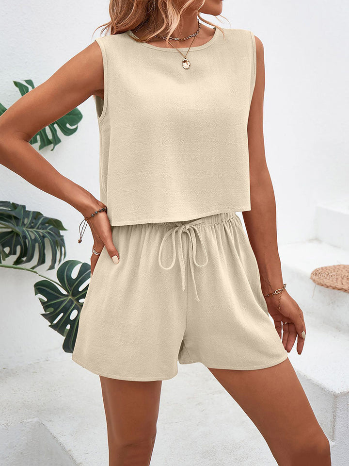 Tabitha | Women's Loose Sleeveless Buttoned Drawstring Elasticity Pockets Solid Color Round-Neck Shorts Bottoms + Set