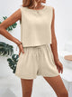 Tabitha | Women's Loose Sleeveless Buttoned Drawstring Elasticity Pockets Solid Color Round-Neck Shorts Bottoms + Set
