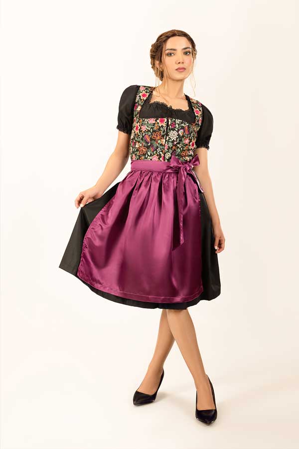 Rosina | Women's Oktoberfest Dirndl Midi Dress with Floral Bodice and Purple Satin Apron - image 4
