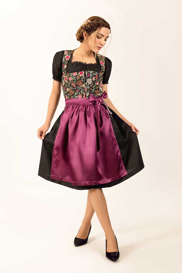 Rosina | Women's Oktoberfest Dirndl Midi Dress with Floral Bodice and Purple Satin Apron - image 1