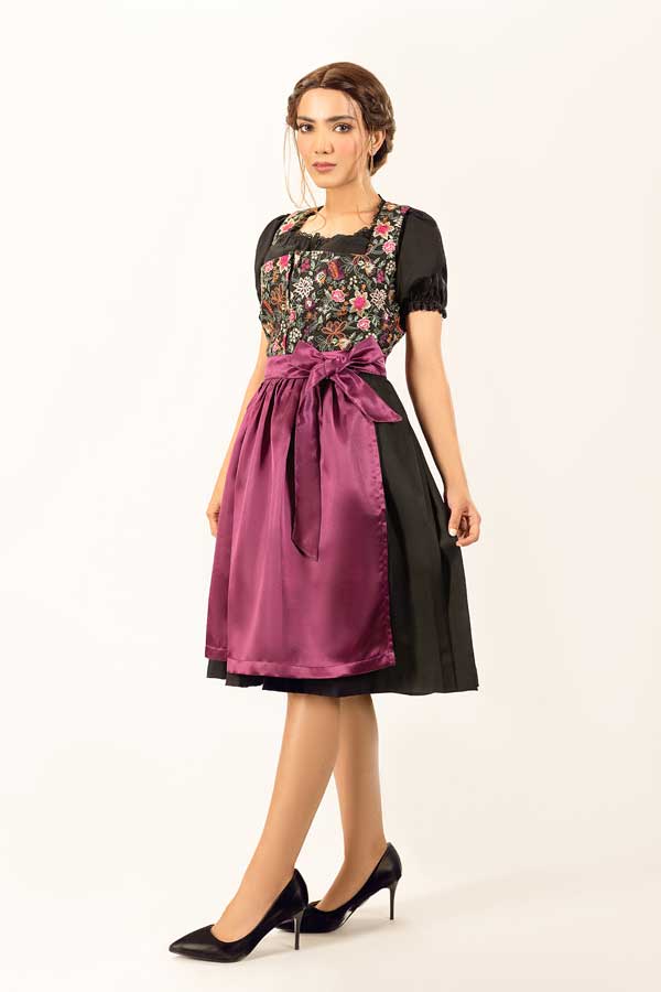 Rosina | Women's Oktoberfest Dirndl Midi Dress with Floral Bodice and Purple Satin Apron - image 3