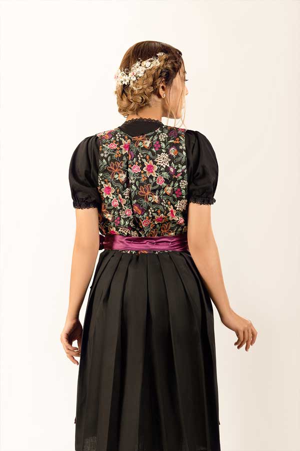 Rosina | Women's Oktoberfest Dirndl Midi Dress with Floral Bodice and Purple Satin Apron - image 2