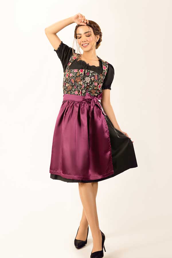 Rosina | Women's Oktoberfest Dirndl Midi Dress with Floral Bodice and Purple Satin Apron - image 5