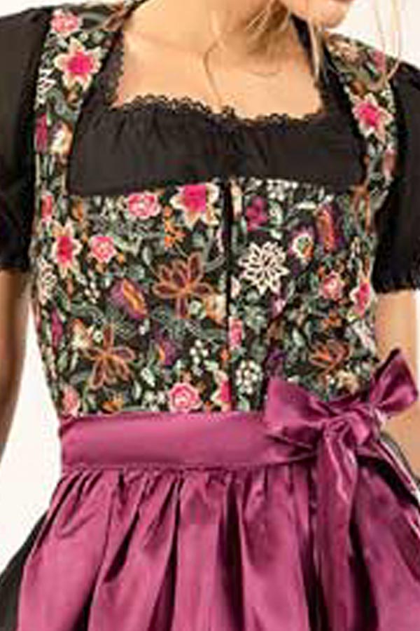 Rosina | Women's Oktoberfest Dirndl Midi Dress with Floral Bodice and Purple Satin Apron - image 6